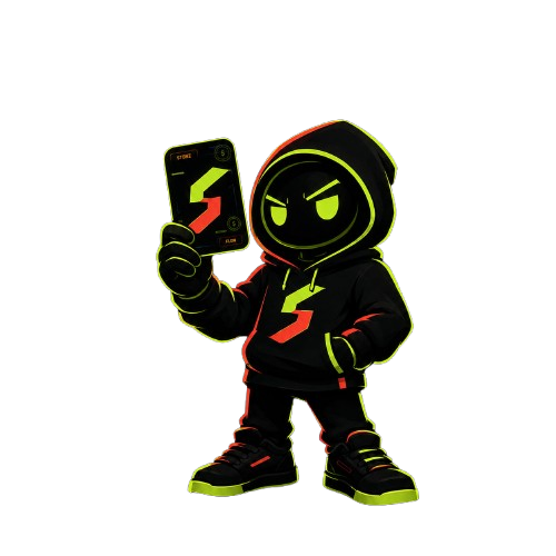 Stonz character holding a market card